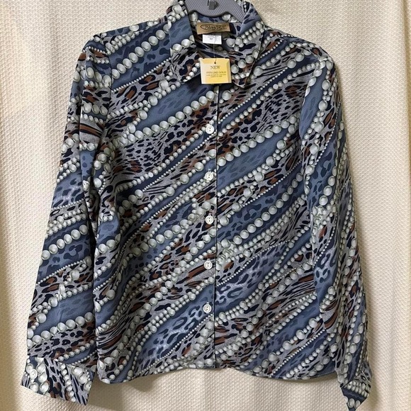 Tops - 24K Fits Like Gold Pearl & Animal Chain Print Blouse Blue Brown Button Up 8P